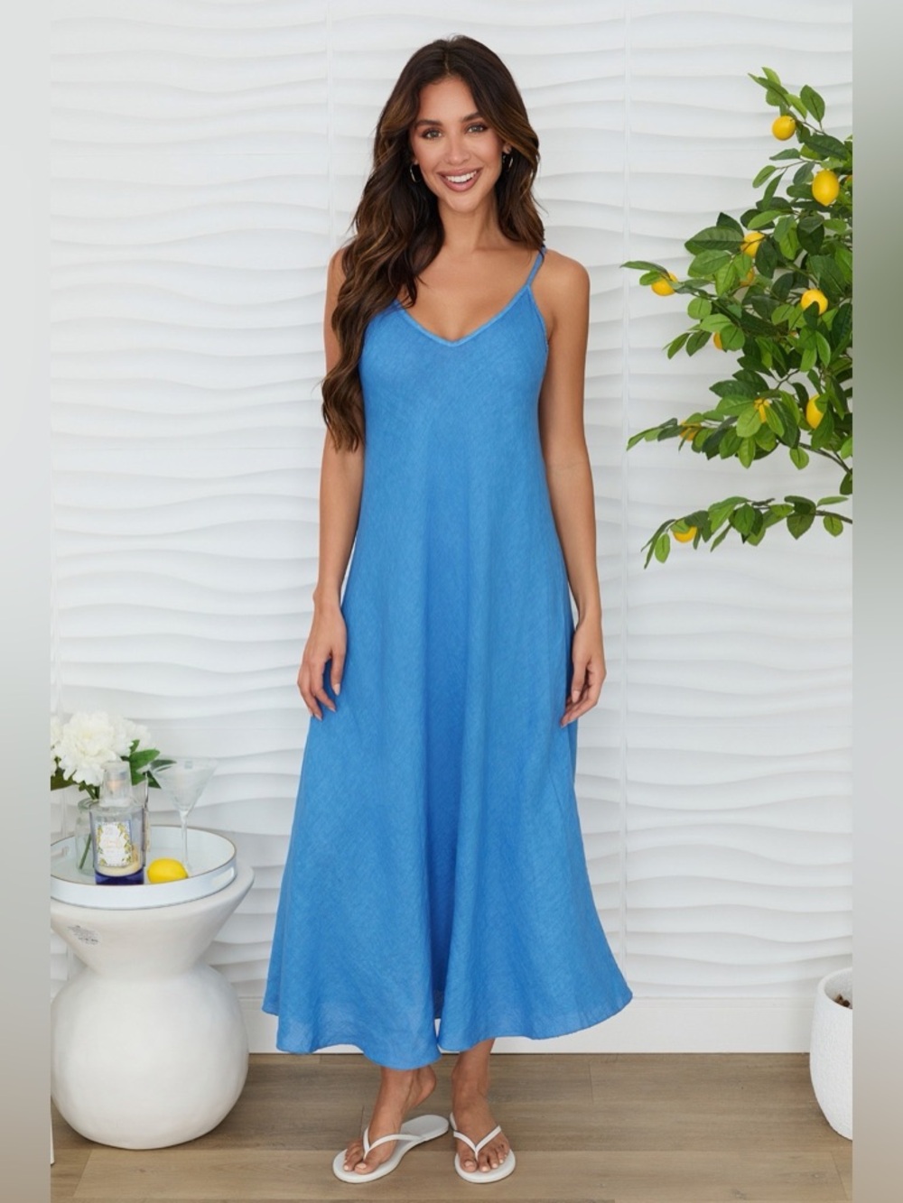 (23.2237-BLUREG) ITALIAN LINEN MAXI V-NECK DRESS